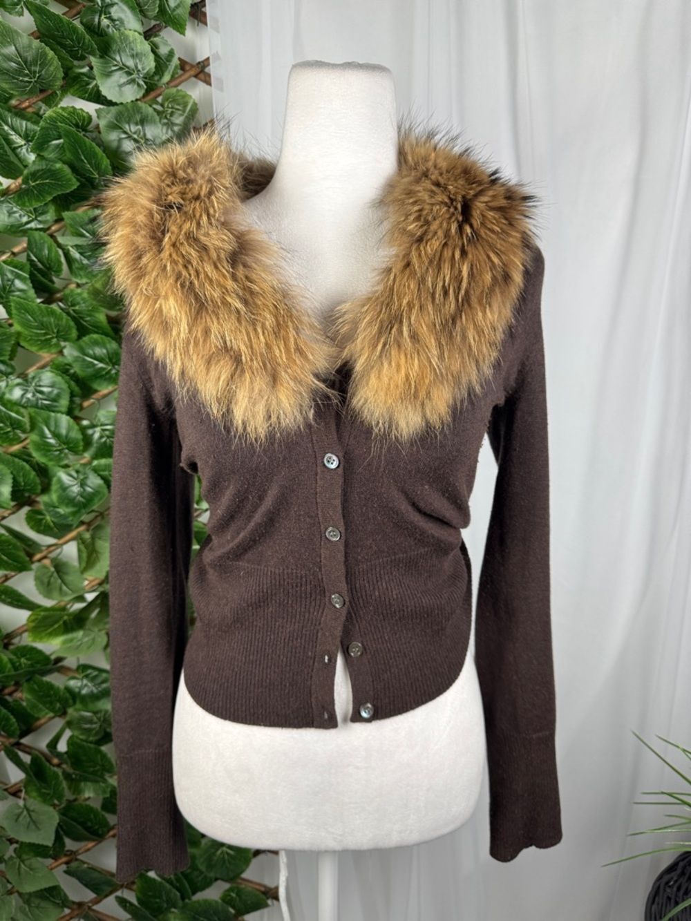 Express Brown Button-Up Cardigan with Racoon Faux Collar